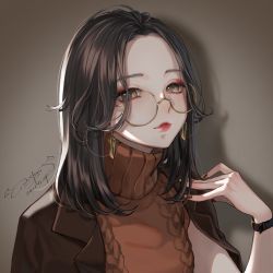 Rule 34 | 1girl, ao+beni, black hair, brown background, brown eyes, dated, earrings, glasses, highres, jacket, jewelry, long hair, looking at viewer, open clothes, open jacket, original, round eyewear, solo, watch, wristwatch