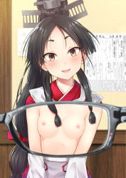 Rule 34 | 1girl, black hair, blush, breasts, brown eyes, glasses, hair ornament, hair ribbon, hair tie, head tilt, headgear, high ponytail, highres, indoors, japanese clothes, kanden sky, kantai collection, long hair, long sleeves, looking at viewer, miko, multi-tied hair, nipples, nisshin (kancolle), open mouth, pov, red ribbon, ribbon, ribbon-trimmed sleeves, ribbon trim, short eyebrows, small breasts, smile, solo, thick eyebrows, very long hair, wide sleeves, x-ray, x-ray glasses, x-ray vision