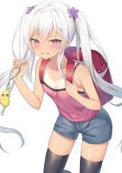 Rule 34 | 1girl, alexmaster, backpack, bag, bare arms, bare shoulders, black thighhighs, blue shorts, blush, breasts, camisole, cleavage, commentary request, crime prevention buzzer, feet out of frame, flower, grin, hair between eyes, hair flower, hair ornament, hands up, holding, long hair, looking at viewer, original, parted lips, pink camisole, purple eyes, purple flower, randoseru, short shorts, shorts, simple background, small breasts, smile, solo, tan, tanline, thighhighs, twintails, very long hair, white background, white hair