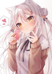 Rule 34 | 1girl, :t, animal ear fluff, animal ears, black ribbon, blush, breasts, brown cardigan, brown eyes, cardigan, cat ears, closed mouth, collared shirt, commentary request, double bun, doughnut, eating, food, gradient background, grey background, hair between eyes, hair bun, hair ornament, head tilt, heart, highres, holding, holding food, long hair, long sleeves, neck ribbon, off shoulder, open cardigan, open clothes, original, puffy long sleeves, puffy sleeves, ribbon, ringouulu, shirt, sleeves past wrists, small breasts, solo, spoken heart, star (symbol), star hair ornament, upper body, very long hair, white background, white hair, white shirt