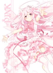Rule 34 | 1girl, ahoge, arm warmers, bad id, bad pixiv id, bow, crown, dress, fairy wings, flower, flower necklace, frilled dress, frilled ribbon, frills, garter straps, hair flower, hair ornament, jewelry, lace-up, layered dress, lolita fashion, long hair, necklace, original, outstretched arms, pink dress, pink eyes, pink hair, pink theme, pink thighhighs, ribbon, sakuragi ren, solo, sweet lolita, thighhighs, very long hair, white background, wings