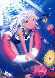 Rule 34 | 10s, 1girl, blonde hair, blue eyes, canegouzi, flower, gradient background, hair flower, hair ornament, kantai collection, long hair, ro-500 (kancolle), solo, swimsuit, underwater