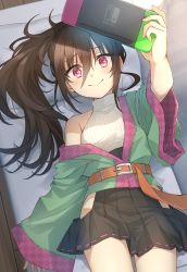 Rule 34 | 1girl, arm up, bare shoulders, belt, belt buckle, black skirt, blush, brown belt, brown hair, buckle, closed mouth, commentary request, couch, hair between eyes, hero-san to moto onna kanbu-san, highres, holding, indoors, long hair, long sleeves, lying, nintendo switch, off shoulder, on back, on couch, pleated skirt, ponytail, red eyes, ribbed shirt, ribbon-trimmed skirt, ribbon trim, shirt, skirt, sleeveless, sleeveless shirt, sleeves past wrists, smile, solo, somechime (sometime1209), turtleneck, very long hair, white shirt, wide sleeves, wooden floor