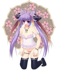 Rule 34 | 1girl, amasa mitsunaru, babydoll, blue eyes, blush, bow, bracelet, commentary request, covered navel, dress, fang, flat chest, full body, hair between eyes, hair bow, hair ornament, jewelry, kneeling, long hair, looking at viewer, necklace, nipples, no panties, open mouth, purple hair, pussy, sangokushi taisen, skin fang, solo, touhaku, twintails, very long hair, white background, white dress, yin yang