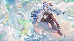 Rule 34 | 1girl, atdan, bare shoulders, blue hair, breasts, breasts apart, brown leotard, brown pantyhose, closed mouth, cloud, detached sleeves, ganyu (genshin impact), genshin impact, goat horns, gold trim, horns, leotard, long hair, long sleeves, looking away, low ponytail, official art, outdoors, pantyhose, purple eyes, shoes, solo, white footwear