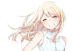 Rule 34 | 1girl, ^ ^, bare shoulders, blonde hair, cac itinose, chiyuki fujito, closed eyes, commentary request, facing viewer, grin, highres, long hair, runway de waratte, shirt, simple background, sleeveless, sleeveless shirt, smile, solo, upper body, white background, white shirt