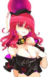 Rule 34 | 1girl, bare shoulders, black shirt, breasts, chain, cleavage, clothes pull, clothes writing, collar, collarbone, gold chain, hair between eyes, hecatia lapislazuli, highres, large breasts, long hair, looking at viewer, off-shoulder shirt, off shoulder, parted lips, pointy ears, pulled by self, raptor7, red eyes, red hair, shirt, shirt pull, sidelocks, smile, solo, t-shirt, touhou, upper body