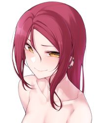 Rule 34 | 1girl, blush, closed mouth, collarbone, completely nude, ear piercing, earrings, highres, jewelry, long hair, looking at viewer, love live!, love live! sunshine!!, nasuno (nasuno42), nude, piercing, red hair, sakurauchi riko, simple background, smile, solo, upper body, white background, yellow eyes
