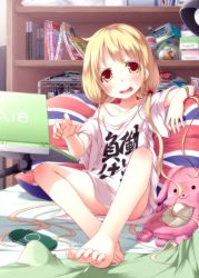 Rule 34 | 10s, 1girl, barefoot, bed, blonde hair, bottle, can, clothes writing, coca-cola, computer, drink can, feet, flag print, furrowed brow, futaba anzu, handheld game console, highres, idolmaster, idolmaster cinderella girls, kago no tori, laptop, long hair, off shoulder, pillow, playstation portable, red eyes, shirt, soda bottle, soda can, solo, t-shirt, toes, translation request, union jack