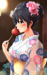 Rule 34 | 10s, 1girl, absurdres, alternate hairstyle, black hair, blush, breasts, candy apple, flower, food, from side, gradient background, grey eyes, hair flower, hair ornament, hair up, highres, japanese clothes, kantai collection, kimono, licking, long hair, nape, saku (kudrove), solo, upper body, ushio (kancolle), yukata