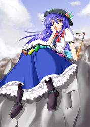 Rule 34 | 1girl, blue hair, campbell (pixiv), campbell gichou, eating, female focus, food, fruit, hat, hinanawi tenshi, long hair, peach, red eyes, solo, sword, sword of hisou, touhou, weapon