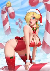 Rule 34 | :d, bento, blonde hair, blue eyes, breasts, candy, candy cane, christmas, cleavage, deilan12, eyeshadow, food, hair over one eye, hat, highres, leotard, lips, looking at viewer, luma (mario), makeup, mario (series), medium breasts, nintendo, open mouth, oversized food, oversized object, red leotard, red lips, red thighhighs, rosalina, santa hat, smile, solo, super mario galaxy, thighhighs