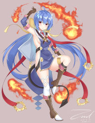 Rule 34 | 1girl, ahoge, arm up, armpits, beige background, blue hair, blush, boots, bow, breasts, brown footwear, brown gloves, closed mouth, dated, elbow gloves, epic seven, fire, fireball, frown, full body, gloves, hair between eyes, hair bow, high heel boots, high heels, horns, leg up, legband, long hair, looking at viewer, low twintails, necktie, no panties, ravi (epic seven), red eyes, red necktie, revealing clothes, sideboob, signature, simple background, single thighhigh, small breasts, solo, standing, standing on one leg, tail, thighhighs, thighs, twintails, twitter username, unel, very long hair, white thighhighs, wing collar, yellow bow