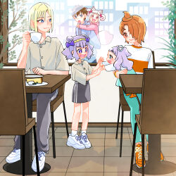 Rule 34 | 3boys, 3girls, aged down, animal ears, ankle socks, blonde hair, blue eyes, blue hoodie, bob cut, bright pupils, brown hair, carrying, chair, child, closed mouth, collared shirt, cone hair bun, cup, day, delicious party precure, double bun, double vertical stripe, ellee-chan, fox ears, fox girl, fox tail, green pants, grey pants, grey shirt, grey skirt, hair bun, hair ornament, hair over one eye, hirogaru sky! precure, holding, holding cup, holding hands, hood, hood down, hoodie, hugtto! precure, in-franchise crossover, indoors, kome-kome (precure), long sleeves, matching outfits, miniskirt, multiple boys, multiple girls, orange footwear, orange hair, outdoors, pants, piggyback, pink eyes, pink hoodie, precure, purple eyes, purple hair, reaching, red eyes, restaurant, ruru amour, shinada takumi, shirt, shoes, sitting, skirt, smile, sneakers, socks, standing, table, tail, teacup, ton (ton39342104), wakamiya henri, white footwear, white hair, white pupils, white shirt, white socks, window, yuunagi tsubasa, yuunagi tsubasa (bird)