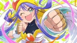 Rule 34 | 1girl, :3, bandana, blue hair, blush, breasts, fang, fingerless gloves, gloves, green eyes, large breasts, lime (saber j), long hair, looking at viewer, nozominsky, punching, saber marionette j, shiny clothes, smile, solo, spandex, very long hair