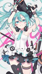 Rule 34 | 1girl, aqua hair, aqua necktie, armpits, arms up, bare shoulders, black skirt, black thighhighs, blue eyes, blush, breasts, grey background, grin, hair between eyes, hatsune miku, headphones, headphones around neck, highres, holding, long hair, looking at viewer, megaphone, microphone, necktie, pleated skirt, shirt, single thighhigh, skindentation, skirt, small breasts, smile, solo, somnium, strapless, thighhighs, twintails, very long hair, vocaloid, white shirt, wristband