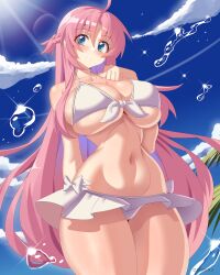 Rule 34 | 1girl, absurdres, bare shoulders, bikini, blue eyes, blue sky, blush, breasts, cleavage, closed mouth, collarbone, cowboy shot, danfer3, day, frilled bikini, frills, highres, large breasts, long hair, megami-ryou no ryoubo-kun, navel, outdoors, palm tree, pink hair, saotome atena, sky, smile, solo, standing, swimsuit, tree, water, white bikini