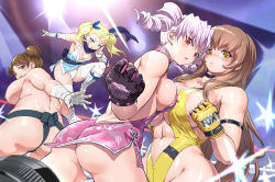 Rule 34 | 4girls, ass, bandages, blonde hair, blue eyes, blush, boots, breast press, breasts, brown hair, china dress, chinese clothes, clenched hands, curvy, double bun, dress, drill hair, dutch angle, elbow gloves, female focus, fingerless gloves, fundoshi, gloves, gluteal fold, hair bun, huge breasts, inogashira choko, japanese clothes, large breasts, light brown hair, lilian partie, long hair, looking at viewer, looking back, medium breasts, mitsuki suzume, mixed martial arts, mma gloves, multiple girls, muscular, nipples, norbon, open mouth, original, panties, pink hair, plump, red eyes, short hair, sideboob, sumo, sumo girl, thick thighs, thigh boots, thighhighs, thighs, topless, twintails, underwear, wide hips, wrestling, wrestling ring, yellow eyes