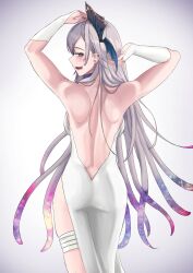 Rule 34 | 1girl, absurdres, arms up, back, backboob, backless dress, backless outfit, bandaged leg, bandages, bare shoulders, black hat, blue eyes, breasts, bridal gauntlets, bright pupils, dress, grey hair, hat, highres, horizontal pupils, iida pochi. (vtuber), indie virtual youtuber, kuon bb, large breasts, long hair, median furrow, mole, mole under mouth, open mouth, pochimaru (vtuber), pochimaru (vtuber) (4th costume), sharp teeth, side slit, solo, teeth, tentacle hair, virtual youtuber, white bridal gauntlets, white dress, white pupils
