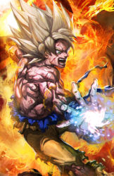 Rule 34 | 1boy, angry, blood, blood on face, dragon ball, dragonball z, energy beam, fire, green eyes, kamehameha (dragon ball), longai, male focus, manly, md5 mismatch, muscular, open mouth, solo, son goku, spiked hair, super saiyan, super saiyan 1, teeth, topless male, torn clothes
