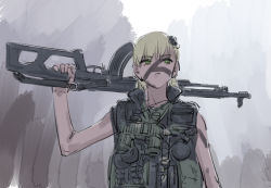Rule 34 | 1girl, ammunition belt, bare arms, binoculars, black vest, blonde hair, bomb, bulletproof vest, closed mouth, commando (movie), explosive, green eyes, grenade, holding, holding weapon, insect hair ornament, long hair, looking to the side, matangom, matangomu-chan, muted color, original, pillbug, solo, vest, weapon, weapon request