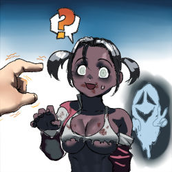 Rule 34 | 1girl, ?, arung samudra (cessa), black hair, blood, blood on clothes, blood on face, breasts, cessa, cleavage, colored skin, commentary, crop top, english commentary, ghost, grey eyes, grey skin, halloween, halloween costume, horror (theme), large breasts, lowres, off-shoulder jacket, off shoulder, ombok diving and delivery services, original, pointing, pov, short twintails, solo focus, spoken question mark, sweatdrop, trembling, twintails, underboob, v, zombie