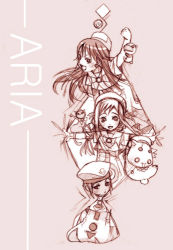 Rule 34 | 00s, 3girls, :d, akira ferrari, alicia florence, aria (manga), aria pokoteng, athena glory, bag, blouse, bow, bowtie, brooch, cat, clenched hand, copyright name, dress, earrings, hime granzchesta, jewelry, long hair, looking at viewer, lowres, monochrome, multiple girls, o o, open mouth, pink background, president maa, price tag, shirt, short hair, simple background, smile, uniform, white shirt, wide-eyed