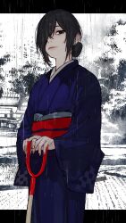 Rule 34 | 1girl, black eyes, black hair, blue kimono, commentary request, cowboy shot, eyelashes, farm, fingernails, hair bun, hair over one eye, highres, holding, holding shovel, house, japanese clothes, kimono, looking at viewer, monochrome background, obi, obiage, one eye covered, original, own hands together, parted lips, rain, rice paddy, sash, shovel, single hair bun, solo, swept bangs, tree, unrefle, village