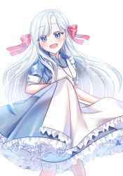 Rule 34 | 1girl, :d, apron, asymmetrical bangs, bad id, bad pixiv id, blue dress, blush, bow, dress, frilled apron, frills, grey eyes, hair bow, head tilt, long hair, looking at viewer, mamel 27, open mouth, original, pleated dress, puffy short sleeves, puffy sleeves, red bow, short sleeves, silver hair, skirt hold, smile, solo, standing, very long hair, white apron