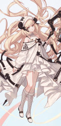 Rule 34 | 1girl, absurdres, arknights, bare shoulders, blonde hair, blue eyes, boots, clothing cutout, commentary, cross-laced footwear, dress, full body, haro (haro 339), highres, holding, holding staff, horns, knee boots, long hair, long sleeves, looking at viewer, nightingale (arknights), parted lips, shoulder cutout, solo, staff, very long hair, white dress, white footwear, white headwear