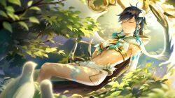 Rule 34 | 1boy, absurdres, bare shoulders, bird, black hair, blue hair, braid, bridal gauntlets, capelet, chest tattoo, closed eyes, commentary request, crop top, feathered wings, flower, genshin impact, gold trim, gradient hair, hair between eyes, hair flower, hair ornament, hand on own chest, highres, hood, hood down, hooded capelet, in tree, karen (navy 42), leg tattoo, lying, male focus, midriff, multicolored hair, navel, official alternate costume, on back, parted lips, shirt, short hair with long locks, short shorts, shorts, side braids, sidelocks, single thighhigh, sleeping, sleeveless, sleeveless shirt, solo, swept bangs, tattoo, thighhighs, tree, twin braids, venti (archon) (genshin impact), venti (genshin impact), white flower, white shirt, white shorts, white thighhighs, white wings, wings