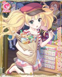 Rule 34 | blonde hair, blue hair, brown hair, candy, candy store, card (medium), character name, cygames, food, footwear bow, green eyes, hair ribbon, hat, kyouka (princess connect!), kyouka (real) (princess connect!), lollipop, mimi (princess connect!), mimi (real) (princess connect!), misogi (princess connect!), misogi (real) (princess connect!), monika weisswind, official art, pink hair, princess connect!, ribbon, shirt, shop, skirt, snack, solo focus, striped clothes, striped shirt