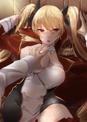 Rule 34 | 1boy, 1girl, absurdres, azur lane, black ribbon, blonde hair, blush, grabbing another&#039;s breast, breasts, coat, collarbone, dress, endou (zettai bluenoid), epaulettes, grabbing, hair ribbon, highres, large breasts, long hair, long sleeves, looking at viewer, lying, nelson (azur lane), on back, open mouth, pov, red coat, red eyes, ribbon, thighhighs, thighs, twintails, very long hair