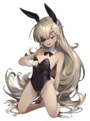 Rule 34 | 1girl, :o, alternate costume, animal ears, black bow, black bowtie, black leotard, blonde hair, blue eyes, bow, bowtie, breasts, detached collar, eyepatch, fake animal ears, fake tail, female focus, full body, goddess of victory: nikke, guillotine (nikke), highleg, highleg leotard, kneeling, leotard, long hair, looking at viewer, nochi 22, open mouth, playboy bunny, rabbit ears, rabbit tail, simple background, small breasts, solo, strapless, strapless leotard, tail, very long hair, wavy hair, white background, wrist cuffs
