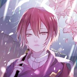 Rule 34 | 1boy, cherry blossoms, chiaki autumn, collared shirt, crying, flower, food fantasy, looking at viewer, pale skin, petals, pink eyes, raindrop cake (food fantasy), red hair, second-party source, shirt, solo, tears, umbrella, white shirt