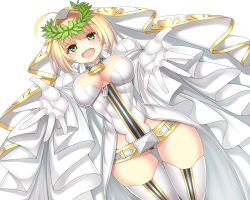 Rule 34 | 10s, 1girl, :d, belt, blonde hair, breasts, bridal veil, cleavage, curvy, fate/extra, fate/extra ccc, fate (series), gloves, green eyes, hair intakes, highres, large breasts, leotard, nano (syoutamho), nero claudius (bride) (fate), nero claudius (bride) (third ascension) (fate), nero claudius (fate), nero claudius (fate) (all), open mouth, simple background, smile, solo, thighhighs, veil, white background, white gloves, white thighhighs, wide hips
