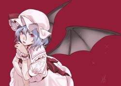 Rule 34 | 1girl, bat wings, blue hair, dress, frilled shirt collar, frills, from above, hair between eyes, hand up, hat, hat ribbon, highres, kamiyama aya, looking at viewer, looking up, mob cap, pink dress, puffy short sleeves, puffy sleeves, red background, red eyes, remilia scarlet, ribbon, short hair, short sleeves, simple background, solo, tongue, tongue out, touhou, wings, wrist cuffs