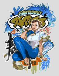 Rule 34 | 1girl, 2022, black footwear, blue pants, blue shirt, breasts, brown eyes, brown hair, capcom, chun-li, commentary request, double bun, dragon, earrings, eyeshadow, grey background, hair behind ear, hair bun, jewelry, looking at viewer, makeup, medium breasts, mita chisato, official art, open mouth, pants, red eyeshadow, shirt, sitting, smile, solo, street fighter, street fighter 6