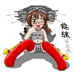 Rule 34 | 1girl, aircraft carrier, blush, brown hair, character name, chrysanthemum, crop top, emblem, flower, glasses, hand on own face, jaggy lines, kikumon, konoekihei, long hair, looking at viewer, military, military vehicle, navel, one eye closed, open mouth, original, personification, pointy ears, propeller, red thighhighs, ryuujou (aircraft carrier), ship, simple background, sitting, sketch, solo, thighhighs, warship, watercraft, white background