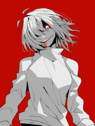 Rule 34 | 1girl, ahoge, antenna hair, arcueid brunestud, blonde hair, blood, blood from mouth, breasts, colored sclera, dark persona, evil, evil eyes, evil grin, evil smile, fulhll, grin, hair intakes, hair over one eye, highres, large breasts, limited palette, melty blood, monochrome, one eye covered, red background, red eyes, red sclera, short hair, slit pupils, smile, solo, sweater, tsukihime, turtleneck, red arcueid, yellow eyes
