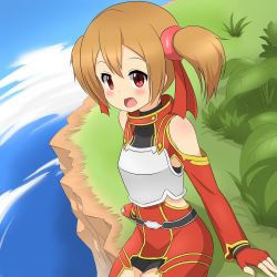 Rule 34 | 10s, 1girl, armor, bad id, bad pixiv id, black legwear, blush, breastplate, brown hair, fingerless gloves, gloves, highres, nedia (nedia region), open mouth, red eyes, short hair, short twintails, silica, skirt, solo, sword art online, twintails