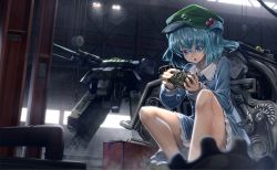 Rule 34 | 1girl, bare legs, blue dress, blue eyes, blue hair, cannon, crossover, dress, hair bobbles, hair ornament, hangar, hat, kawashiro nitori, long sleeves, magnetic weapon, md5 mismatch, mecha, metal gear (series), metal gear rex, metal gear solid, railgun, resolution mismatch, robot, ryosios, sitting, solo, source larger, toolbox, touhou, two side up, weapon, window