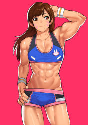 Rule 34 | 1girl, abs, animal print, arm behind head, arm up, armpits, biceps, breasts, brown eyes, brown hair, cessa, cleavage, collarbone, commentary, commission, d.va (overwatch), earrings, english commentary, facial mark, jewelry, long hair, lowleg, lowleg shorts, muscular, muscular female, navel, overwatch, overwatch 1, pink background, pursed lips, rabbit print, shiny skin, short shorts, shorts, small breasts, solo, sports bra, sportswear, standing, stud earrings, thighs, whisker markings, wristband