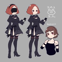 Rule 34 | 10s, 1girl, a2 (nier:automata) (cosplay), black dress, black thighhighs, blindfold, blush, boots, breasts, brown eyes, brown hair, cosplay, do m kaeru, dress, gloves, hairband, high heel boots, high heels, looking at viewer, medium breasts, multiple views, nier:automata, nier (series), niijima makoto, okumura haru, persona, persona 5, puffy sleeves, short hair, smile, thighhighs, thighhighs under boots, two-sided fabric, two-sided skirt, 2b (nier:automata), 2b (nier:automata) (cosplay), a2 (nier:automata)