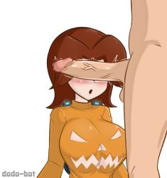 Rule 34 | 1boy, 1girl, :o, artist name, blush, breasts, brown hair, cleavage, cleavage cutout, clothing cutout, dodo-bot, erection, glowing, hair intakes, jack-o&#039;-lantern cutout, large breasts, large penis, long sleeves, medium hair, mii (nintendo), mii gunner, nintendo, open mouth, orange sweater, penis, penis on face, penis over eyes, simple background, super smash bros., sweater, testicles, twitching penis, upper body, white background