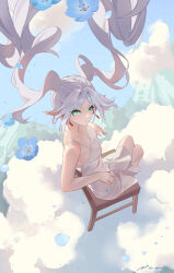 Rule 34 | 1girl, absurdres, ai dongdong, bare shoulders, blue flower, blue sky, breasts, chair, closed mouth, cloud, cloudy sky, collarbone, crossed arms, dangle earrings, day, dress, earrings, elf, flower, frieren, green eyes, grey hair, highres, jewelry, long hair, looking at viewer, medium breasts, mountain, nemophila (flower), outdoors, petals, pointy ears, sidelocks, sitting, sky, sleeveless, sleeveless dress, solo, sousou no frieren, twintails, very long hair, white dress