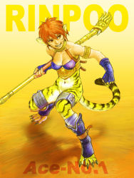 Rule 34 | 1girl, animal ears, breasts, breath of fire, breath of fire ii, bustier, cat ears, cat tail, facial mark, furry, furry female, gloves, green eyes, no panties, no pants, orange hair, pointy ears, red hair, rinpoo chuan, sharp toenails, short hair, solo, staff, tail, toenails