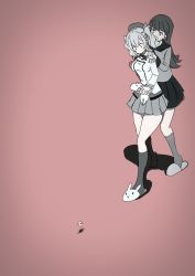 Rule 34 | 1girl, animal slippers, beret, brown background, bug, bunny slippers, chakoru, cockroach, commentary request, greyscale, hat, highres, insect, jacket, kantai collection, kashima (kancolle), kneehighs, long hair, long sleeves, military, military jacket, military uniform, miniskirt, monochrome, neckerchief, ooi (kancolle), pleated skirt, school uniform, serafuku, sidelocks, skirt, slippers, socks, solo, spot color, twintails, uniform, wavy hair