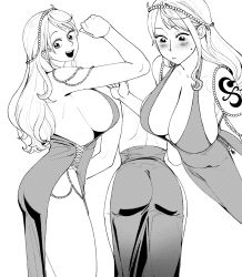 Rule 34 | 1girl, alternate costume, ass, biting own lip, breasts, cocktail dress, dress, embarrassed, greyscale, halter dress, halterneck, highres, large breasts, long hair, monochrome, multiple views, nami (one piece), nami (one piece) (post-timeskip), nami (one piece) (zou), no bra, no panties, official alternate costume, one piece, pomki, revealing clothes, short dress, shoulder tattoo, smile, solo, tattoo, teeth, upper teeth only, very long hair, wide hips