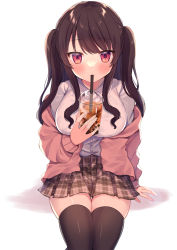 Rule 34 | 1girl, absurdres, arm support, black hair, black thighhighs, breasts, brown cardigan, brown skirt, bubble tea, cardigan, collared shirt, commentary request, cup, disposable cup, dress shirt, drinking straw, highres, holding, holding cup, long hair, long sleeves, looking at viewer, medium breasts, off shoulder, okiq, open cardigan, open clothes, original, plaid, plaid skirt, pleated skirt, red eyes, shirt, sitting, skindentation, skirt, sleeves past wrists, solo, thighhighs, two side up, white background, white shirt